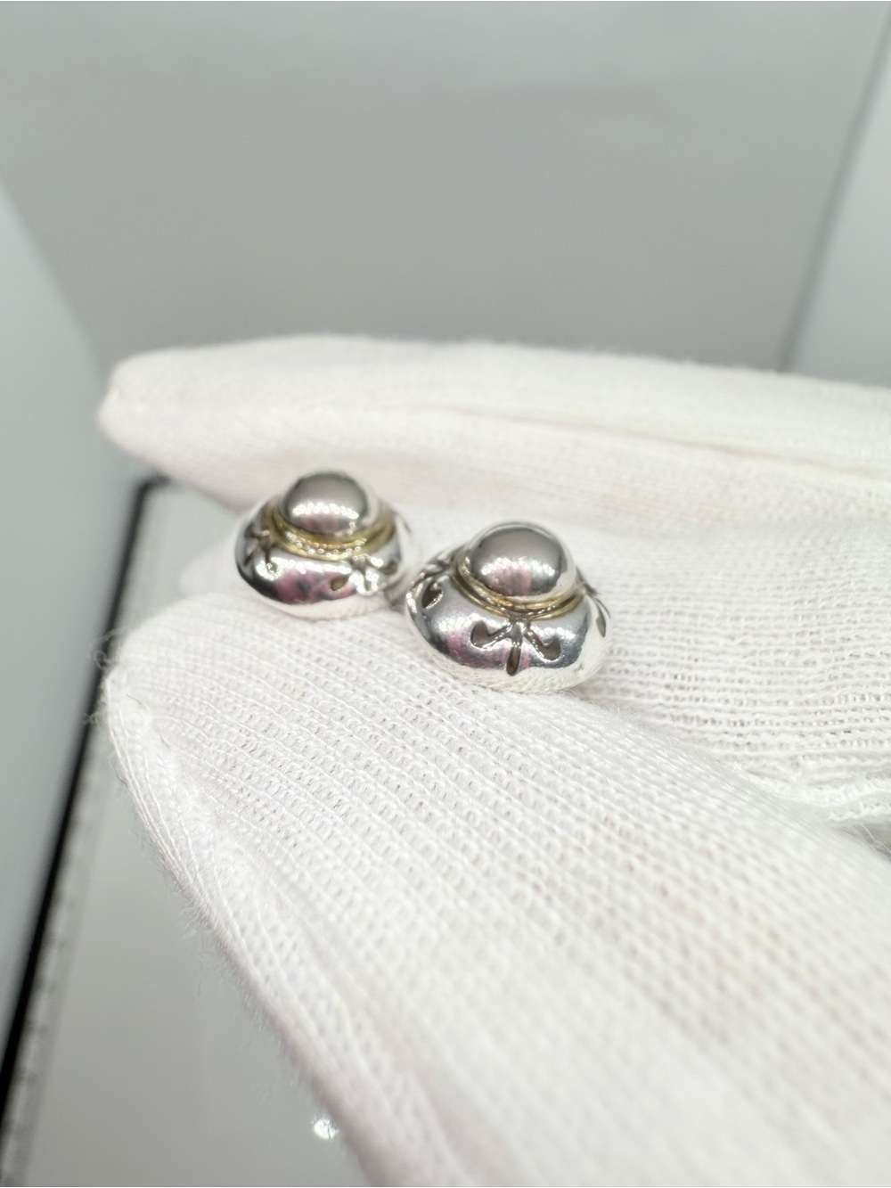 Sterling Silver Two-Tone Dome Stud Earrings - Silver & Gold Accent - Picture 11 of 14